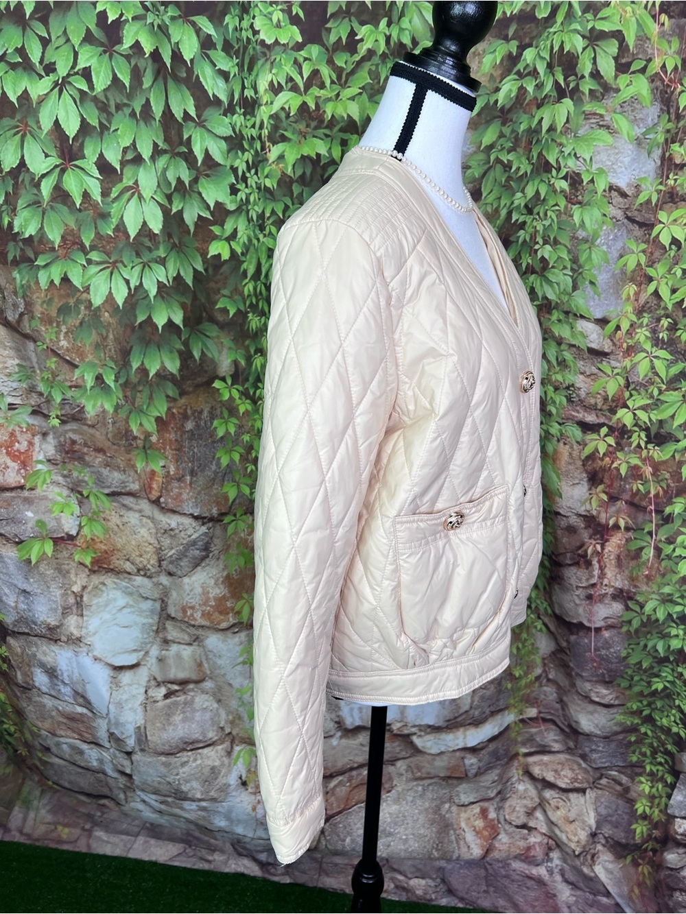 JOH Cream Quilted Quiet Luxury Old Money Quilted Button Front Bomber Jacket, S - Picture 11 of 14